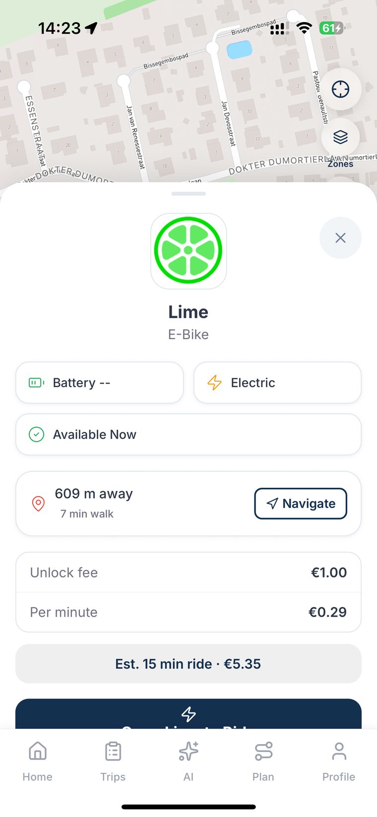 A shared e-bike with its real unlock fee and per-minute price