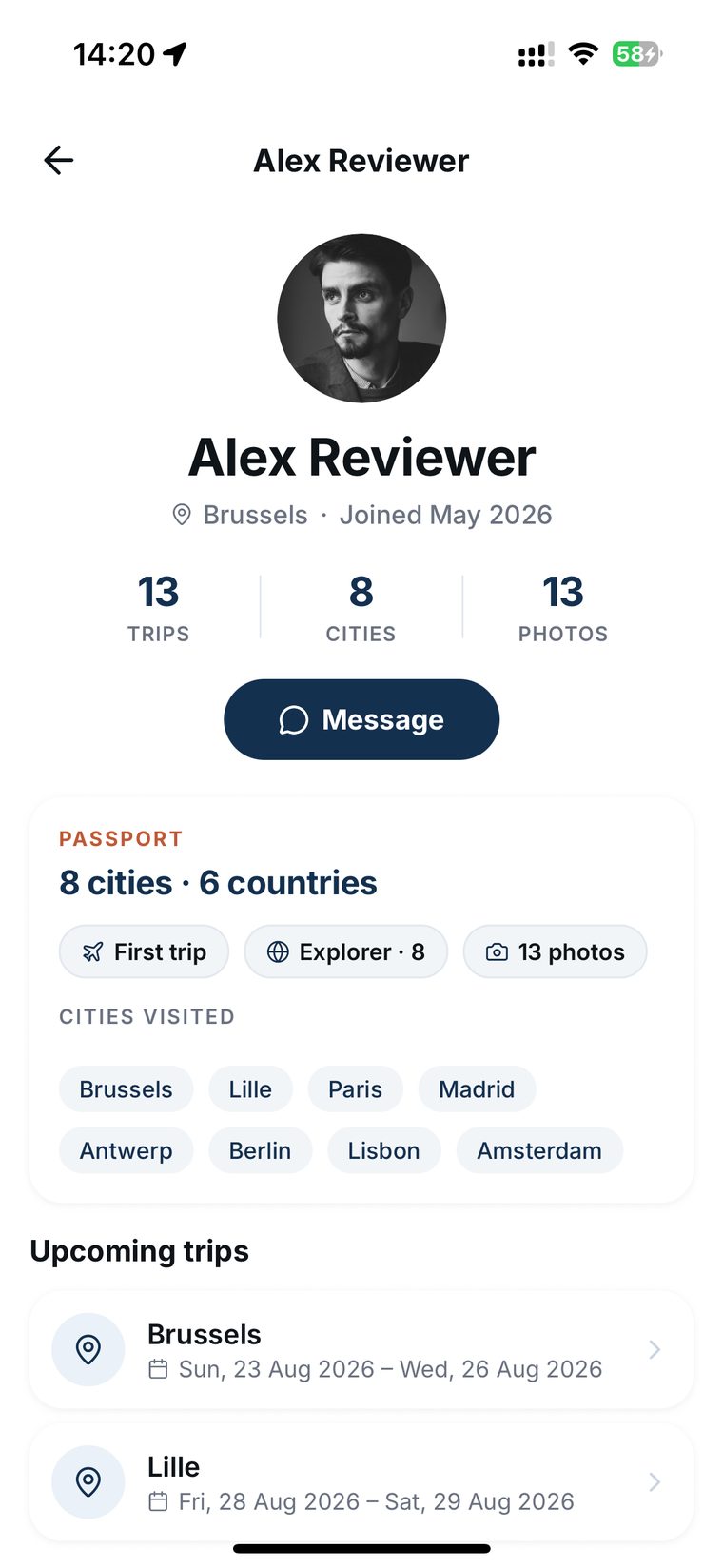 A traveller profile showing trips, cities visited and passport stamps