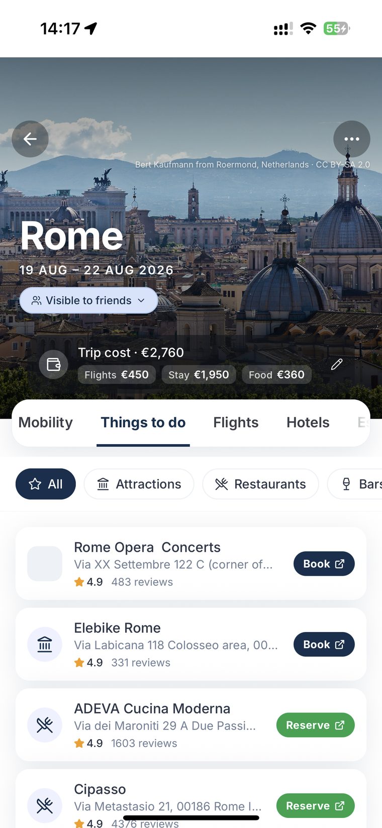 Bookable concerts, attractions and restaurants for a trip