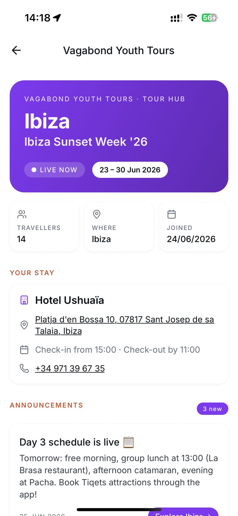 A live tour in the SMOVECITY app with the traveller's stay and announcements