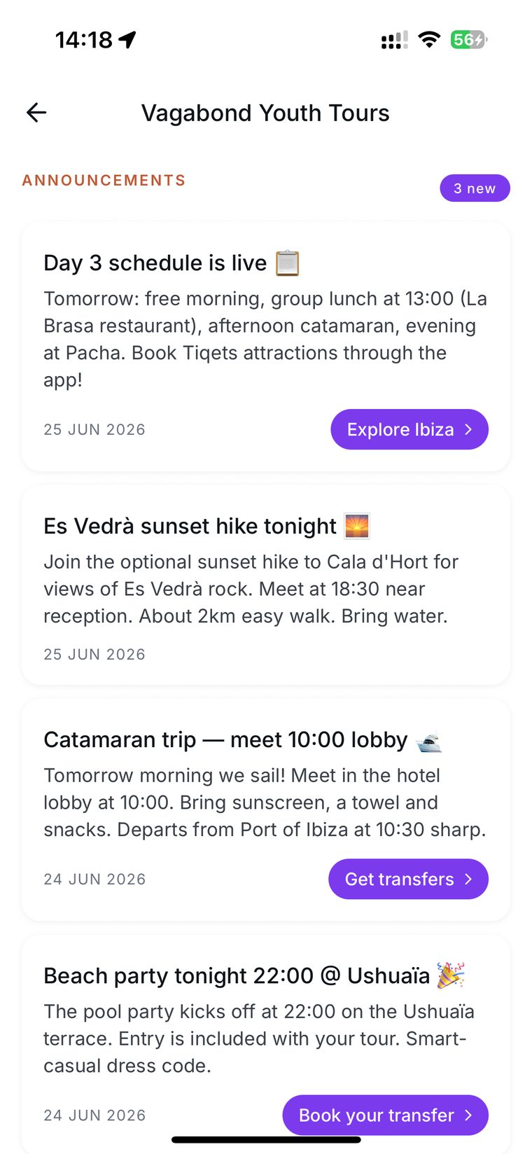 Announcements pushed by a tour operator to everyone on the trip