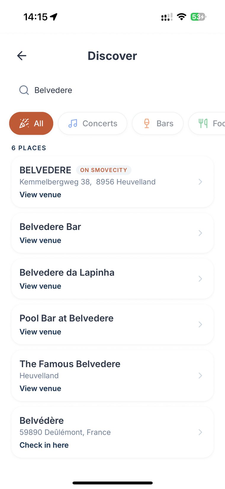 Discover filtered by concerts, bars and food for this week