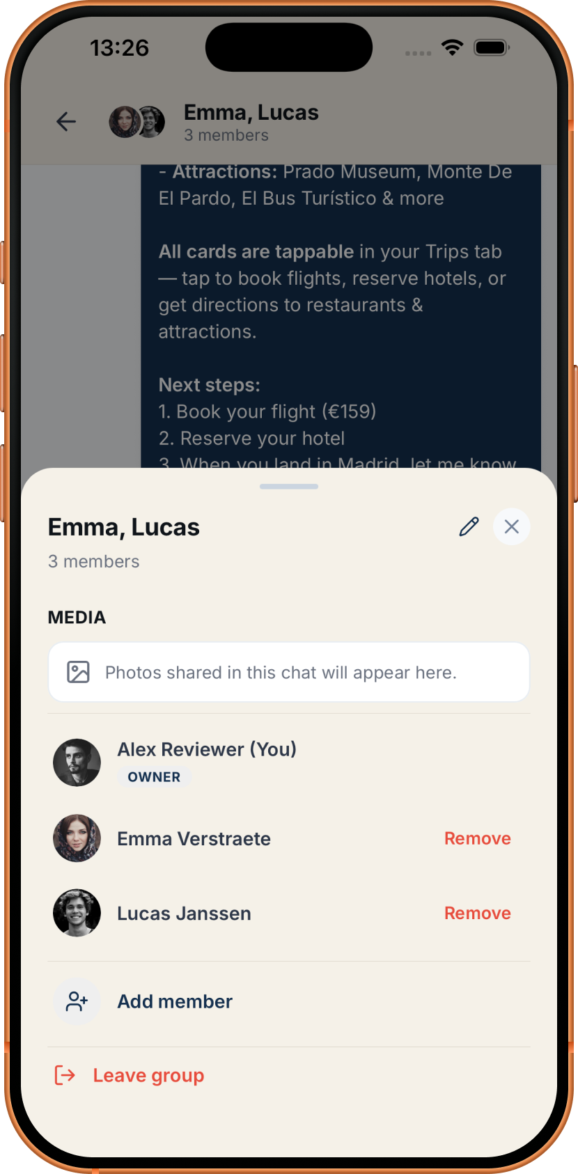 Group chat with a spot shared and an In / Maybe / Out RSVP rolling up live