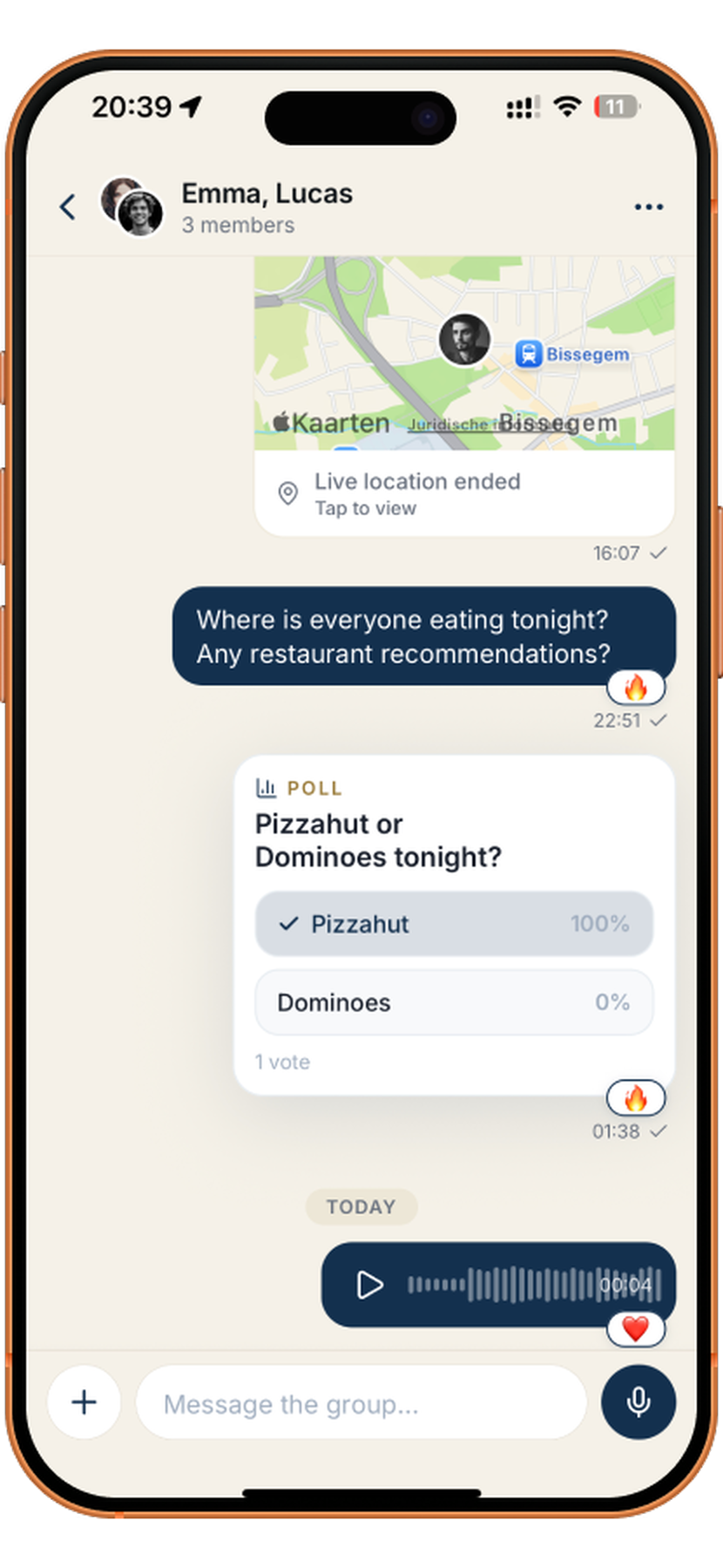 Group chat with a spot shared and friends voting in a quick poll