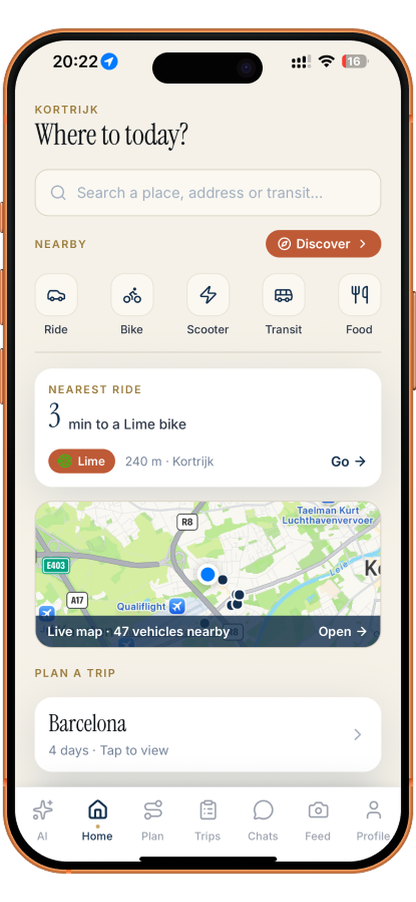 Home screen with nearby options and the best of your city, ready to open any day