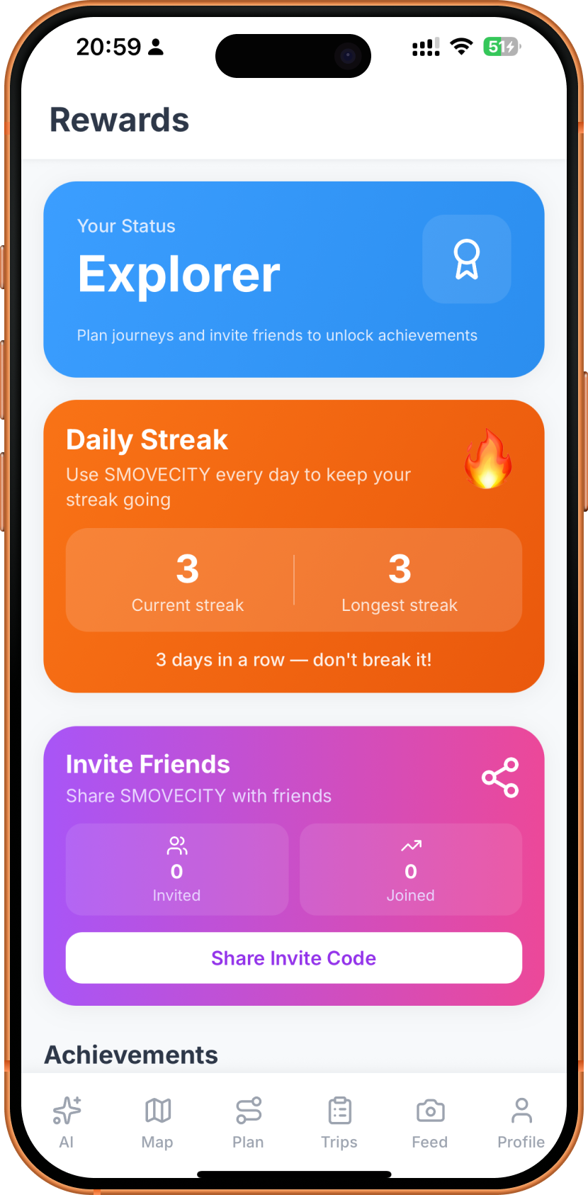 Rewards screen with Explorer status, daily streak of 3 days, and invite-friends panel
