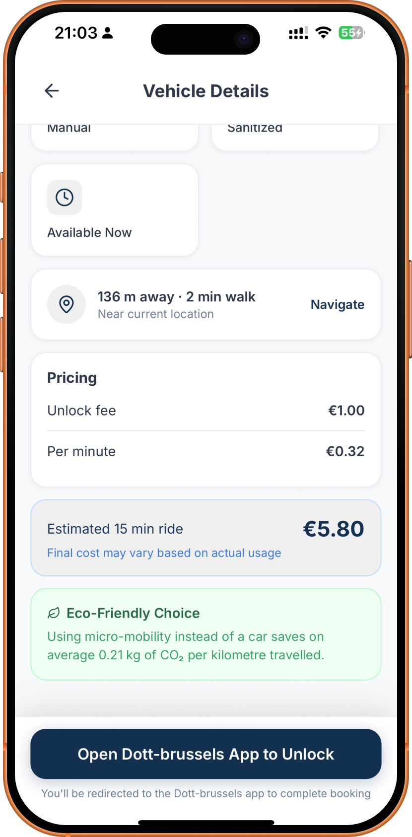 Dott scooter detail with pricing, 15-minute ride estimate, and CO2-saved eco message